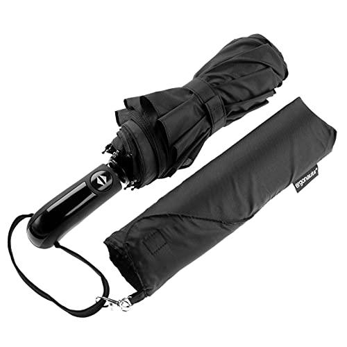 Ergonauts Travel Umbrella Windproof Vented Double Canopy – Teflon Coating, Ergonomic Handle & Protective Sleeve – Portable Compact Foldable Lightweight Design and High Wind Resistance (Classic Black)