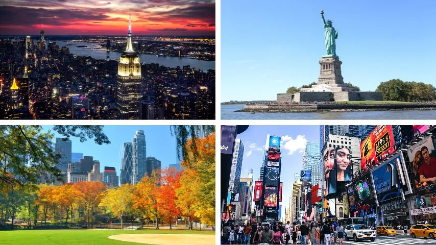 New York City is known for iconic landmarks like the Empire State Building, Central Park, Times Square, and the Statue of Liberty.