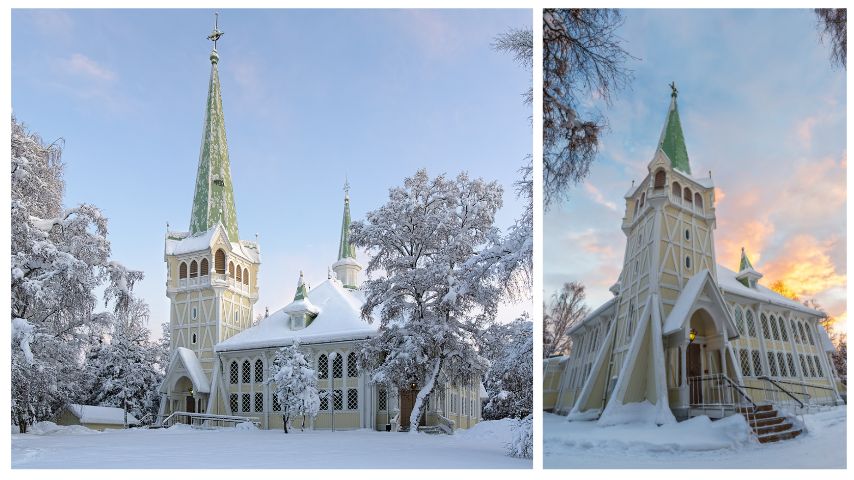 Jokkmokk Church is done in a Gothic Revival style of architecture and is made of wood.