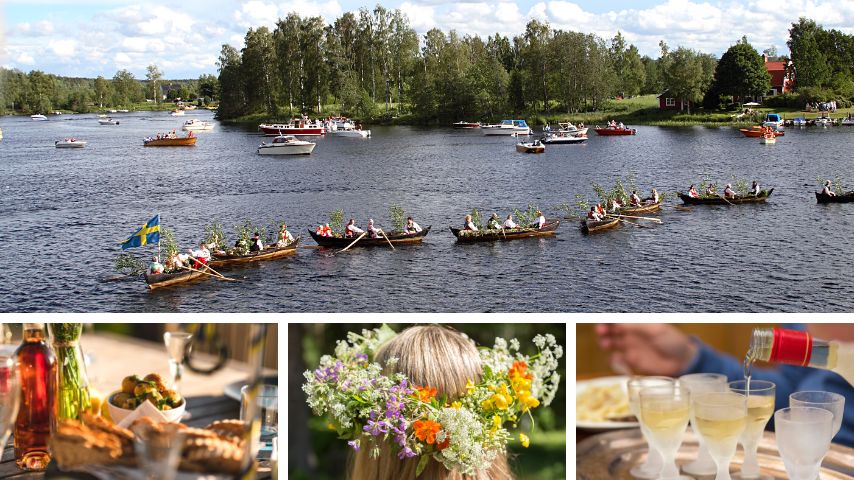 Common Swedish Midsummer traditions done include eating pickled herring and smoked salmon, dancing around a maypole with floral headgear, and drinking Aquavit